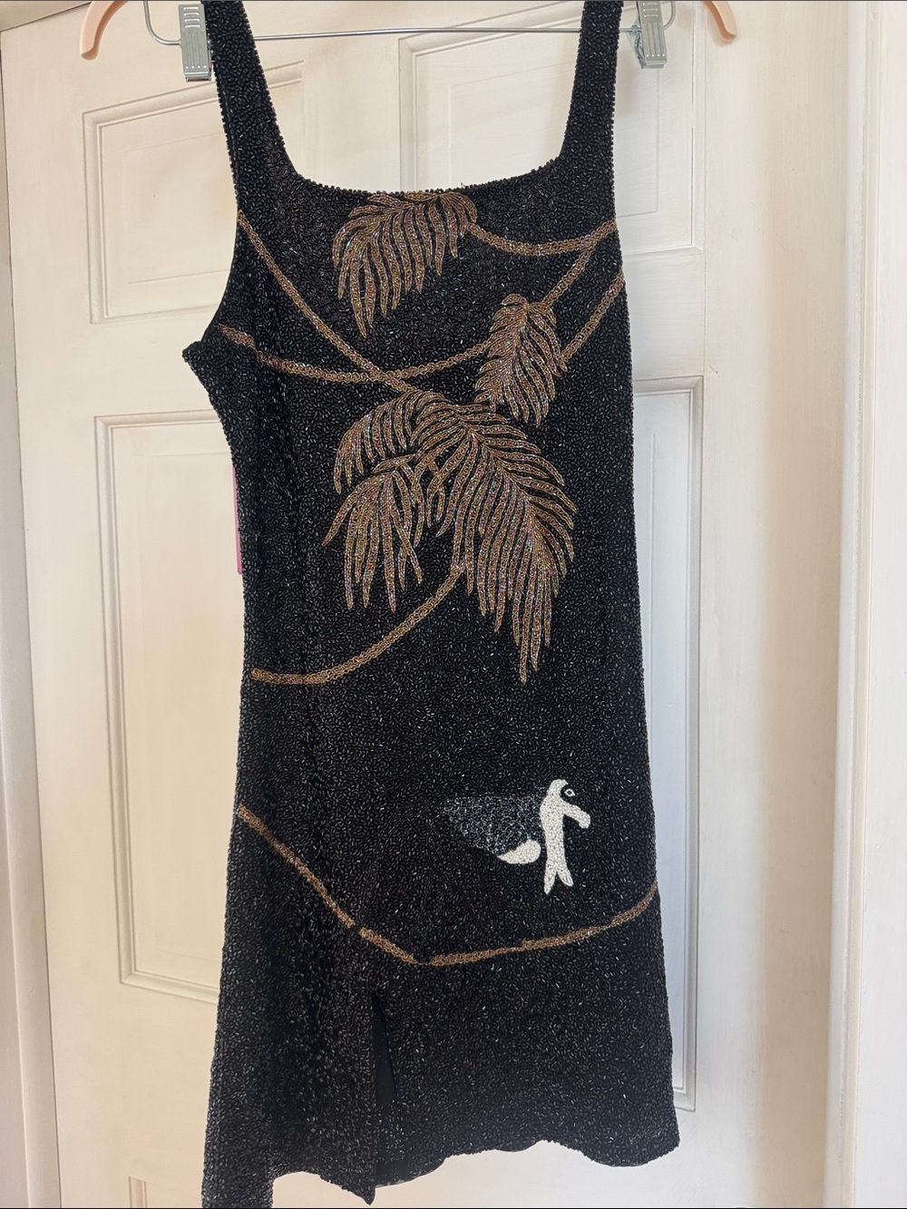 Black Beaded Mini Dress with Gold Leaf Motif and Swan Detail